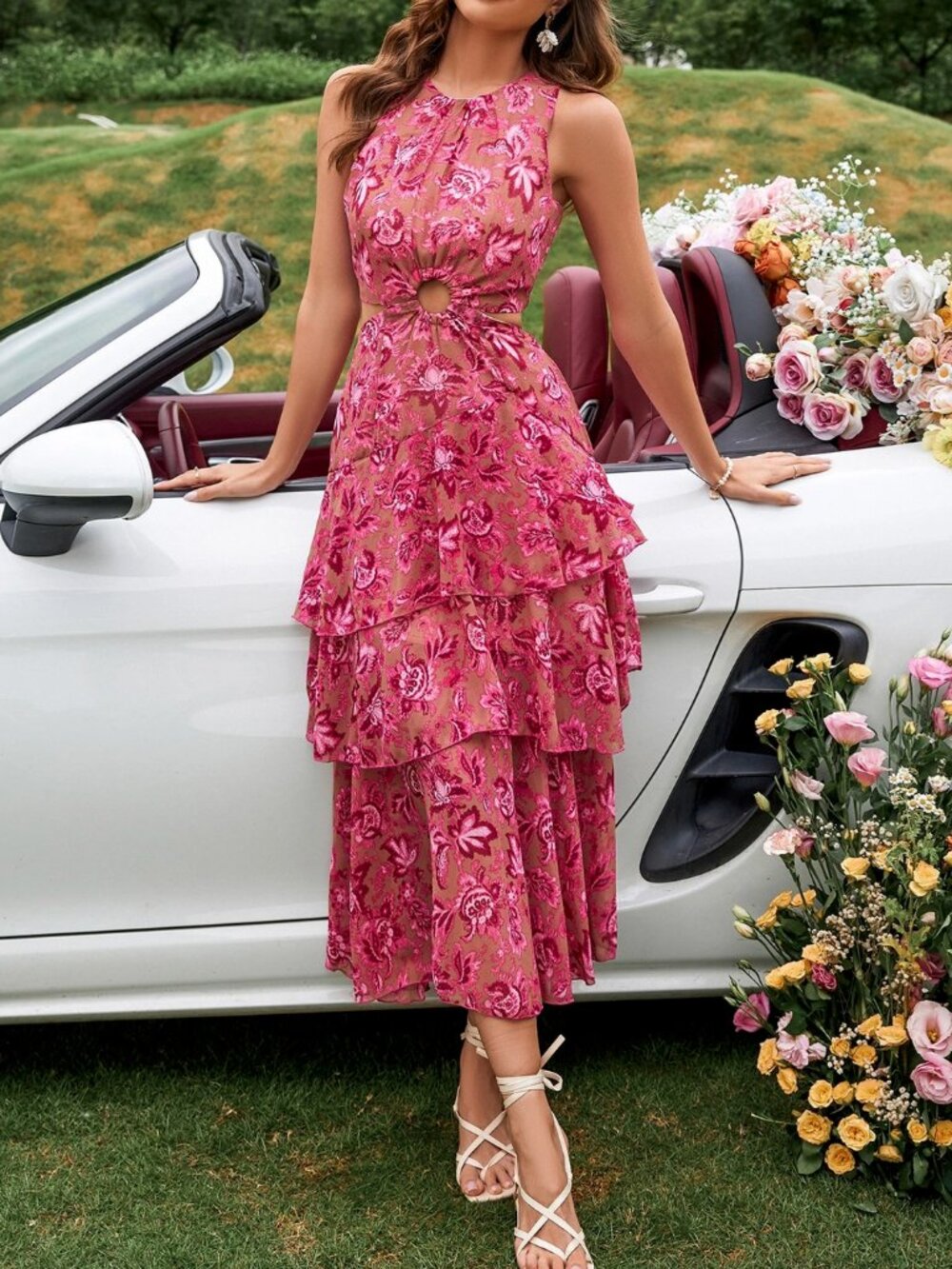 SHEIN Belrosie Layered Cut Out Floral Dress in Hot Pink